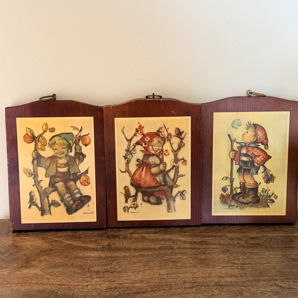 Vintage Manchester wood Hummel Wall Plaques Set of 3 Framed Wood Nursery